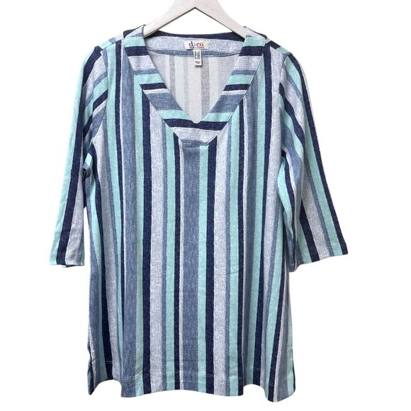 Denim & Co Blue Stripe Tunic Tee Large Petite V-Neck 3/4 Sleeve Womens Top NWOT - Picture 1 of 7